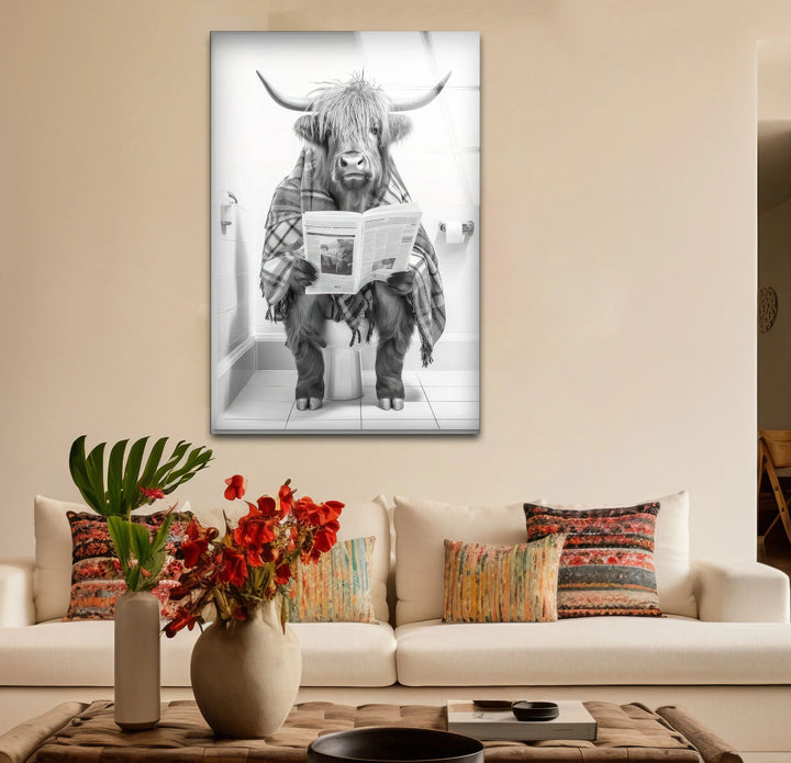 Plaid Highland Cow Bathroom Wall Art – Funny Black and White Glass Print for Rustic Decor - MyPhotoStation