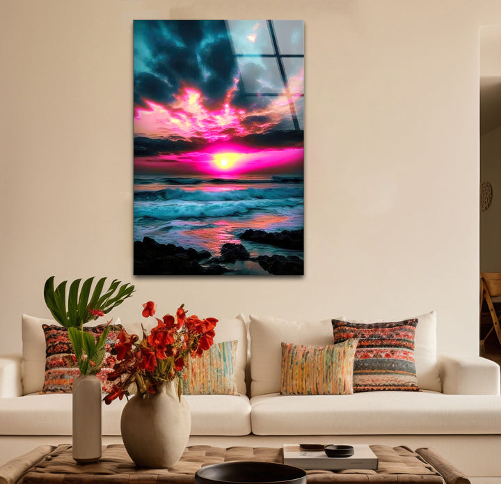 Lebendige Sonnenuntergang Ozean Wandkunst – Rosa Himmel &amp; Wellen Glasdruck-Design
