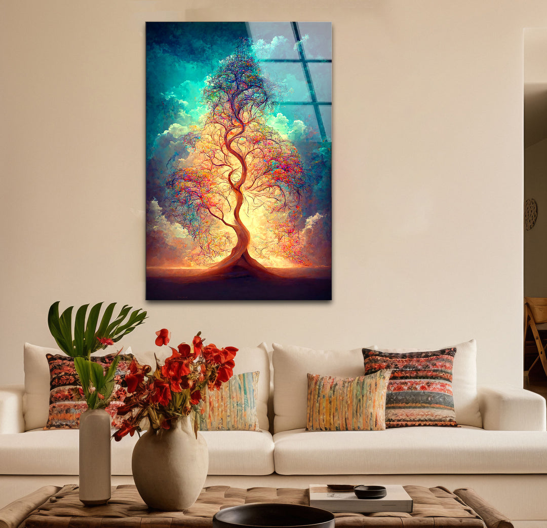 Strahlender Lebensbaum Wandkunst – Ätherisches Licht Fantasy Glasdruck