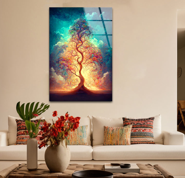 Strahlender Lebensbaum Wandkunst – Ätherisches Licht Fantasy Glasdruck