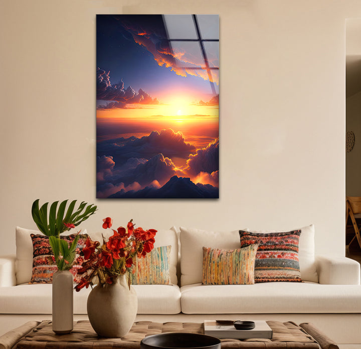 Wandkunst „Über den Wolken Sonnenuntergang“ – Glasdruckdesign „Verträumter Himmel leuchtet“