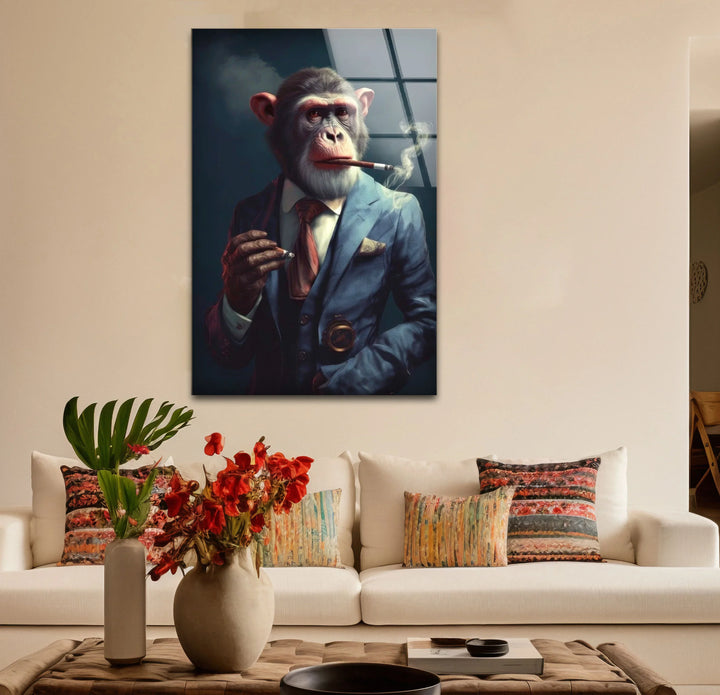 Smoking Monkey Wall Art – Funny Dressed-Up Chimp in Suit Glass Print for Bold Modern Decor - MyPhotoStation
