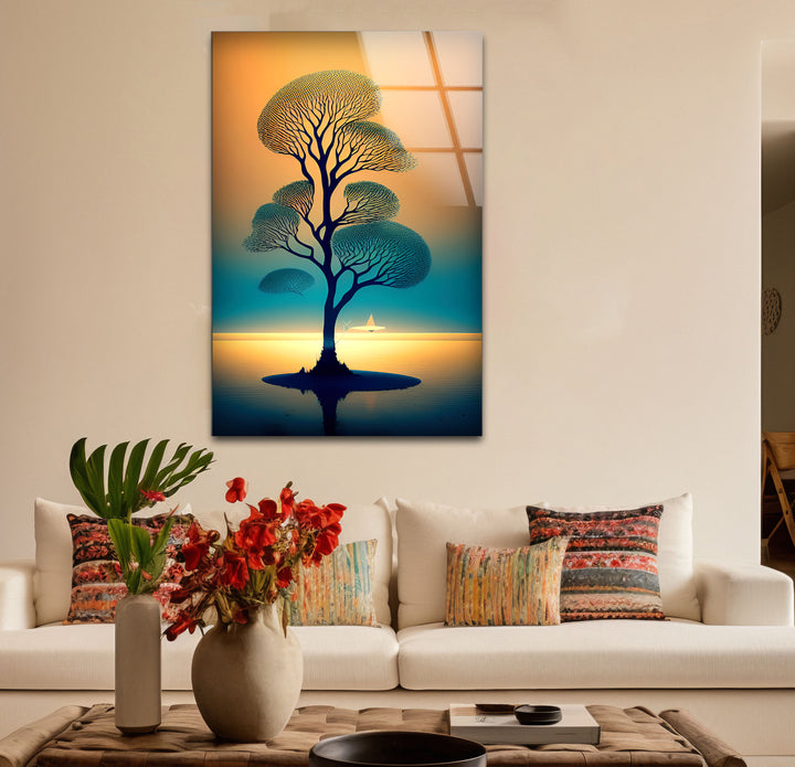 Serene Tree of Life Wall Art – Sailboat Sunset Glass Print Design