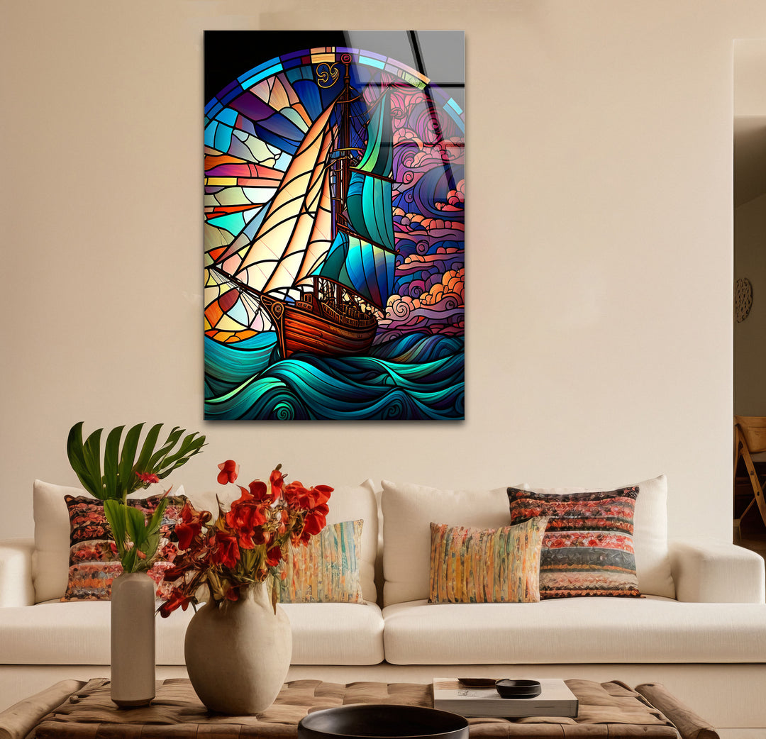 Segelschiff Buntglas Wandkunst – Maritimer Ozeanwellen-Glasdruck