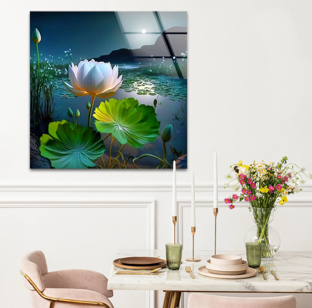 Moonlit Lotus Flower Glass Wall Art – Serene Night Lake Scene for Tranquil Home Decor - MyPhotoStation