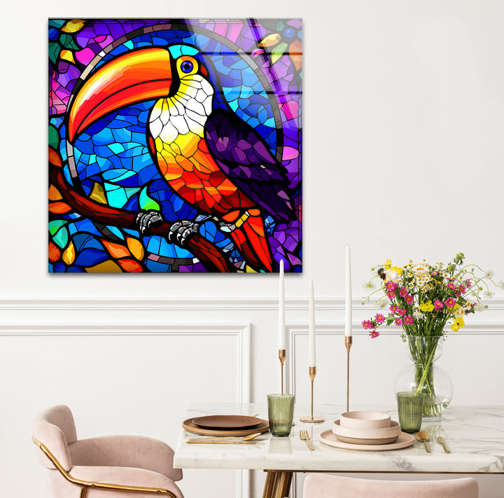 Tukan-Wandkunst aus Buntglas – Lebendiges Glasdruckdesign mit tropischem Vogel