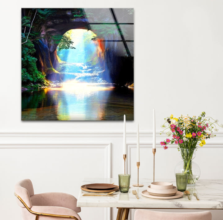 Waldlichttunnel-Wandkunst – Sonnenstrahlreflexions-Glasdruckdesign