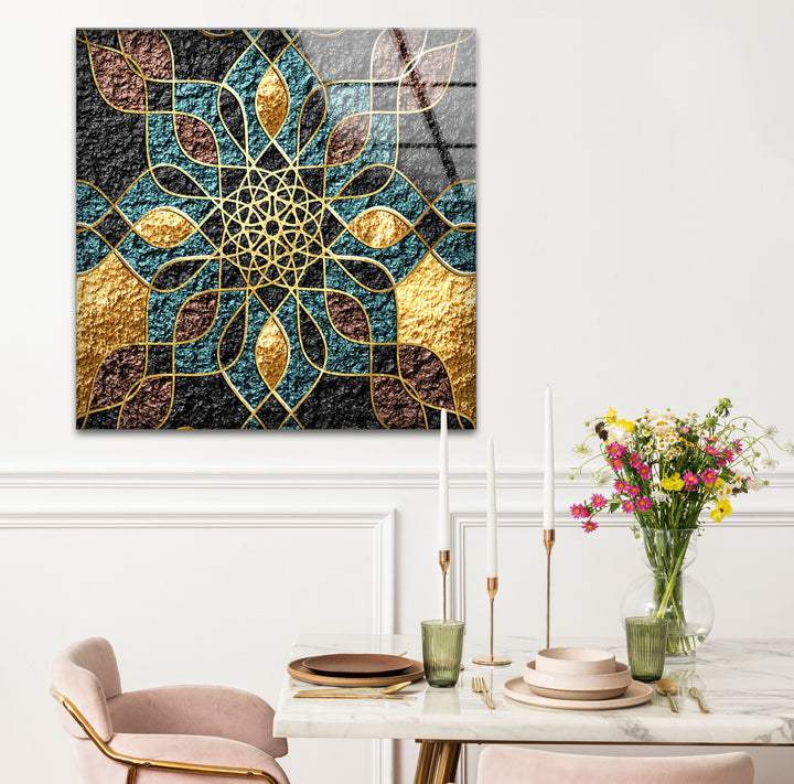 Goldene Mandala-Wandkunst – Geometrisches blaugrünes und schwarzes Muster-Glasdruckdesign
