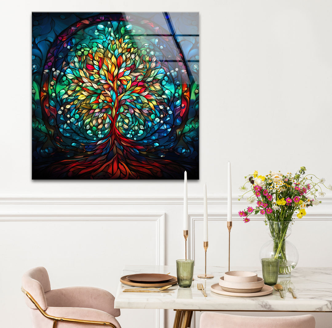 Baum des Lebens Buntglas-Wandkunst – Farbenfrohes vertikales Glasdruckdesign