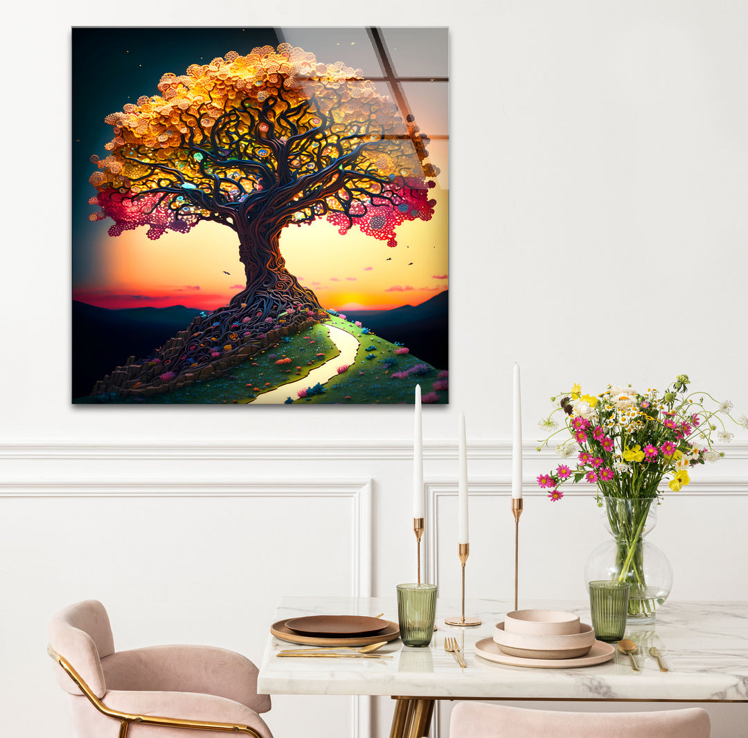 Verträumte Wandkunst mit Lebensbaum – Sonnenuntergangspfad, Fantasy-Glasdruck-Design