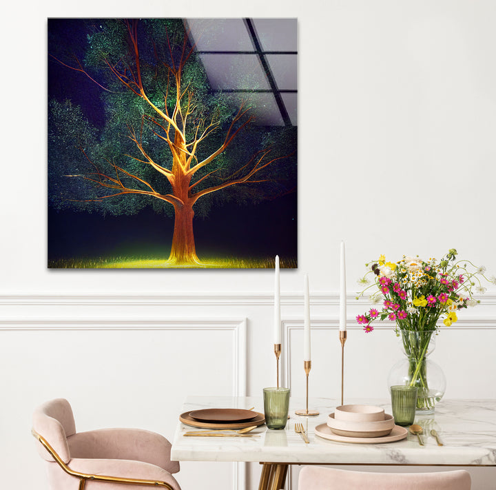 Leuchtende Baum-Wandkunst – Beleuchtetes Nachtwald-Glasdruckdesign