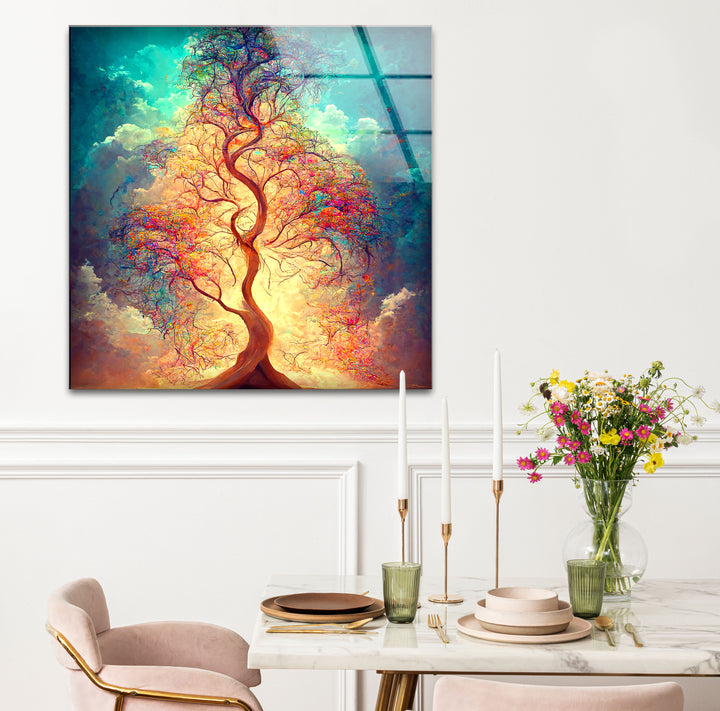 Strahlender Lebensbaum Wandkunst – Ätherisches Licht Fantasy Glasdruck