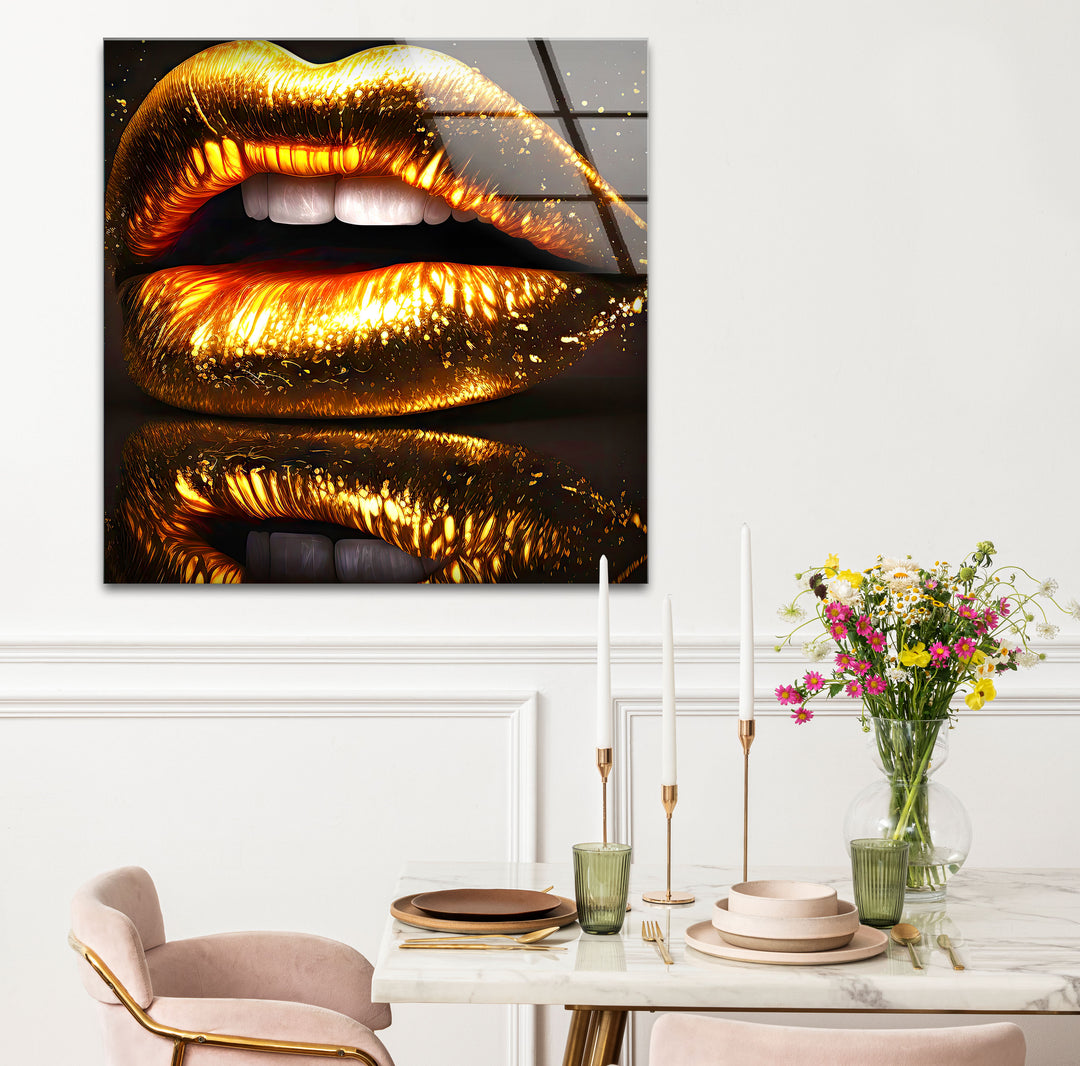 Goldene Lippen Wandkunst – Glamouröses funkelndes Mund-Glasdruck-Design