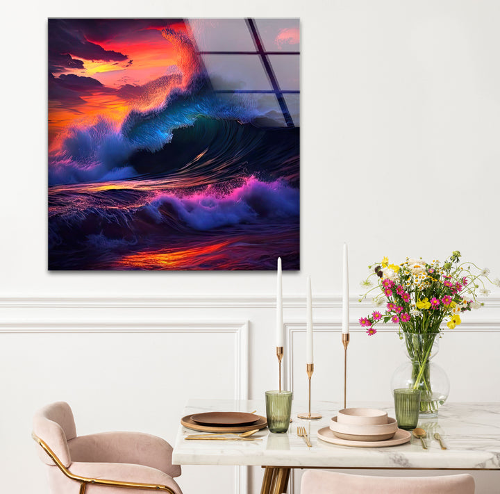 Wandkunst mit krachenden Wellen bei Sonnenuntergang – Dramatisches Ozean-Glasdruck-Design
