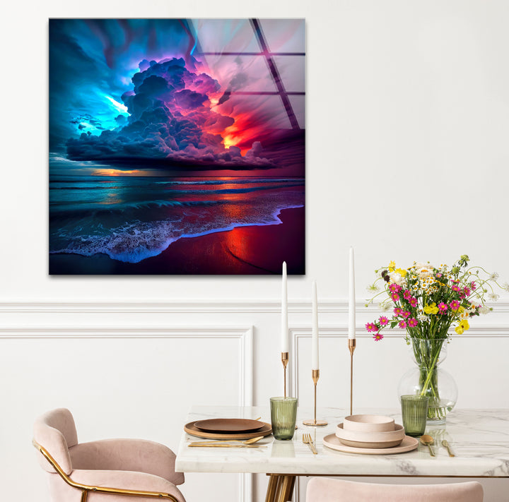 Wandkunst mit stürmischem Strandsonnenuntergang – Lebendiges Himmel- und Ozean-Glasdruckdesign
