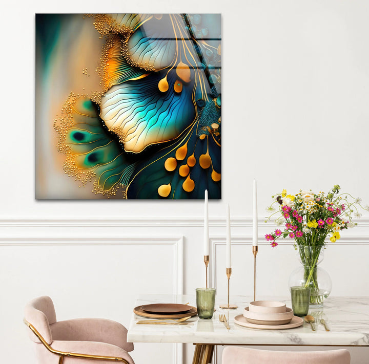 Teal Gold Abstract Floral Glass Wall Art – Elegant Botanical Flow Design - MyPhotoStation