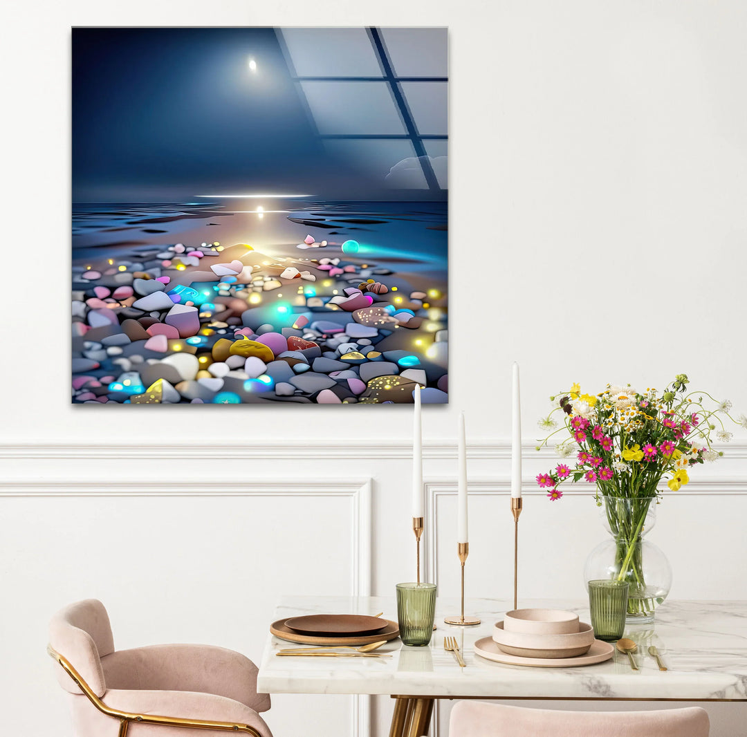 Colorful Pebble Beach at Sunset – Dreamy Ocean Glass Wall Art for Modern Decor - MyPhotoStation
