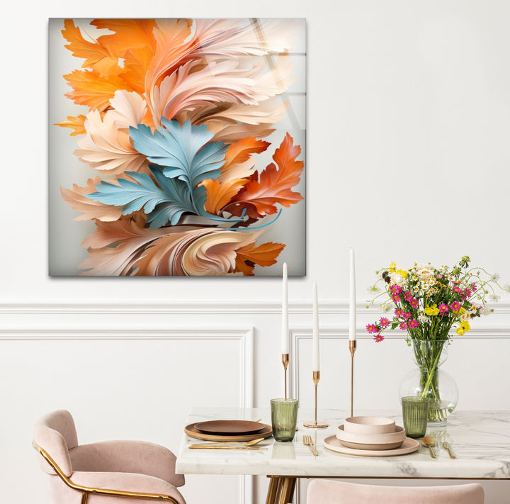 Autumn Leaves Abstract Wall Art – Orange and Blue Botanical Glass Print for Seasonal Elegance