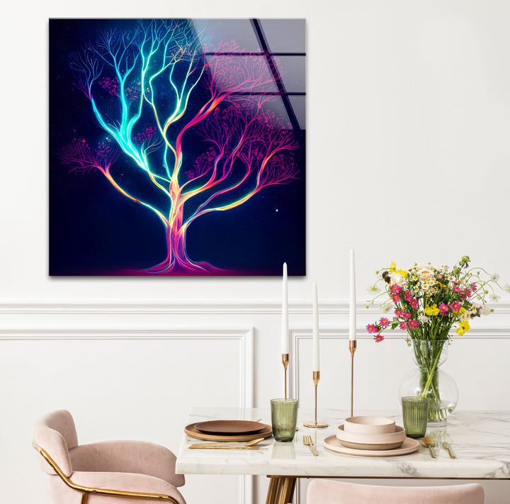 Neonbaum-Wandkunst – Kosmisches Nachtbaum-Glasdruckdesign