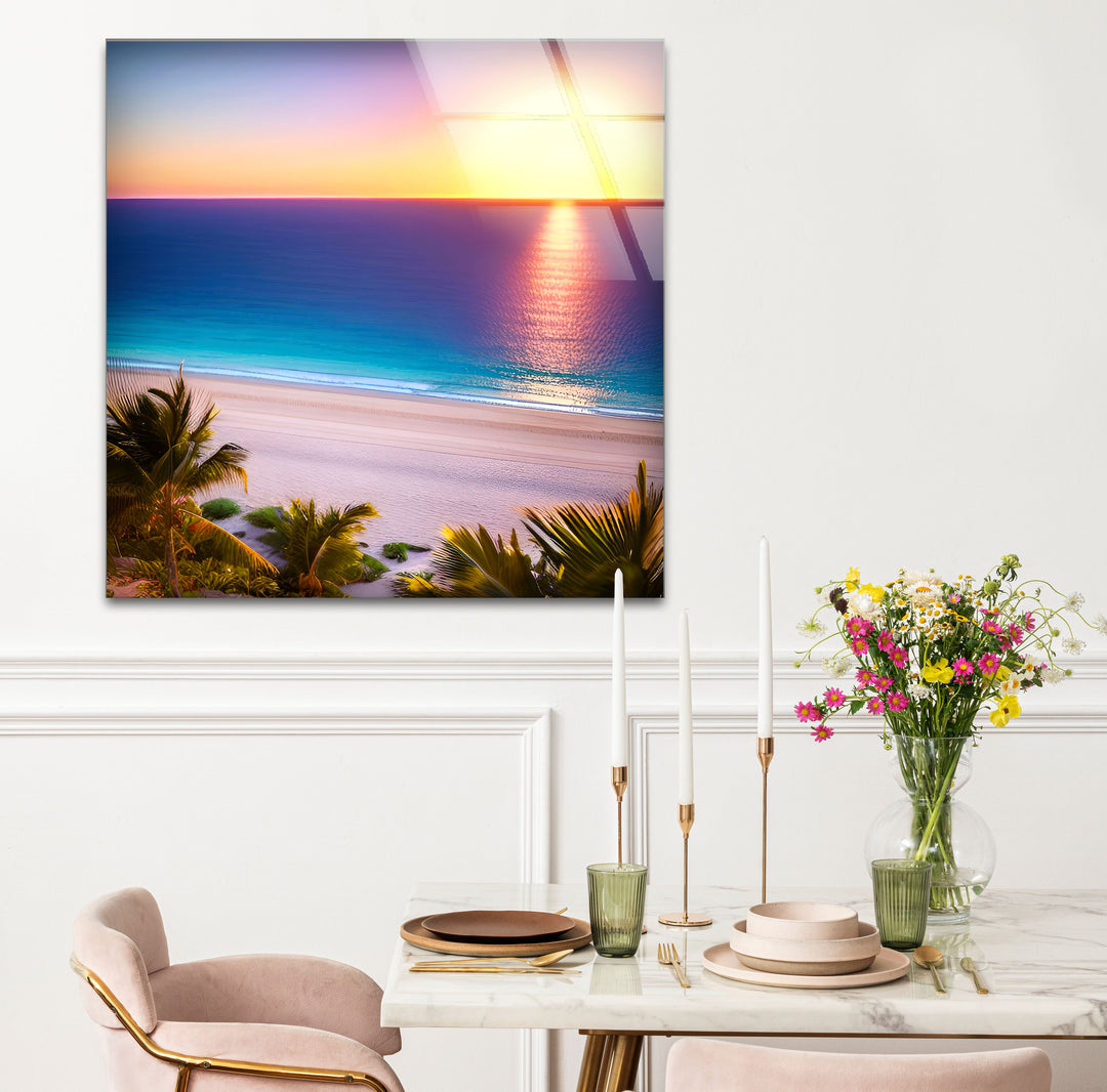 Tropischer Strand Sonnenuntergang Wandkunst – Lebendiger Ozeanhorizont Glasdruck