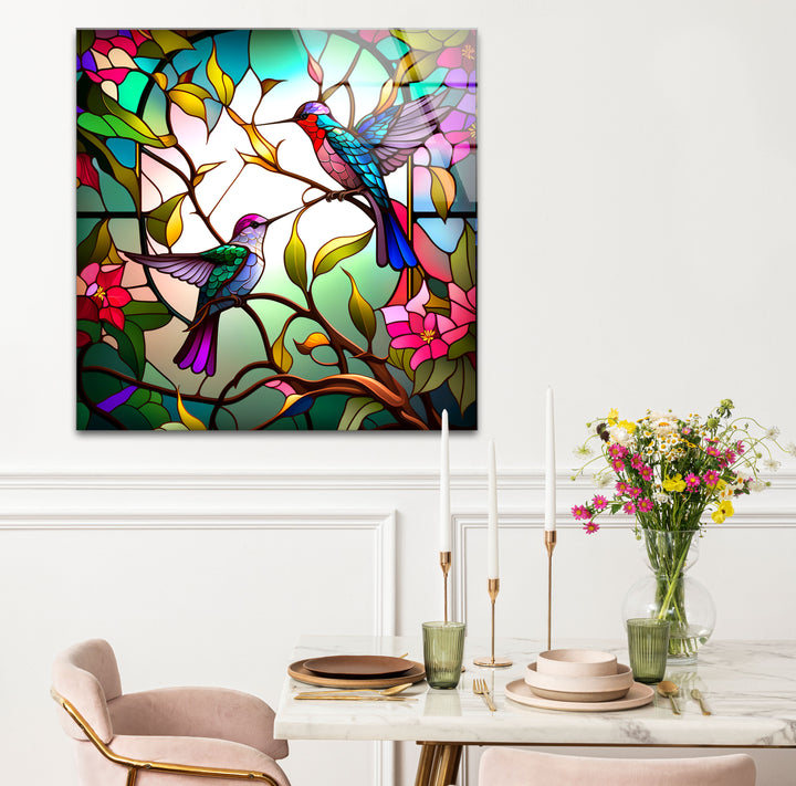 Hummingbirds Stained Glass Wall Art – Colorful Bird & Branch Glass Print