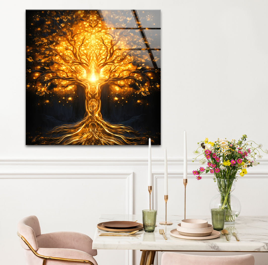 Goldene Fantasiebaum-Wandkunst – Beleuchtetes abstraktes Glasdruckdesign