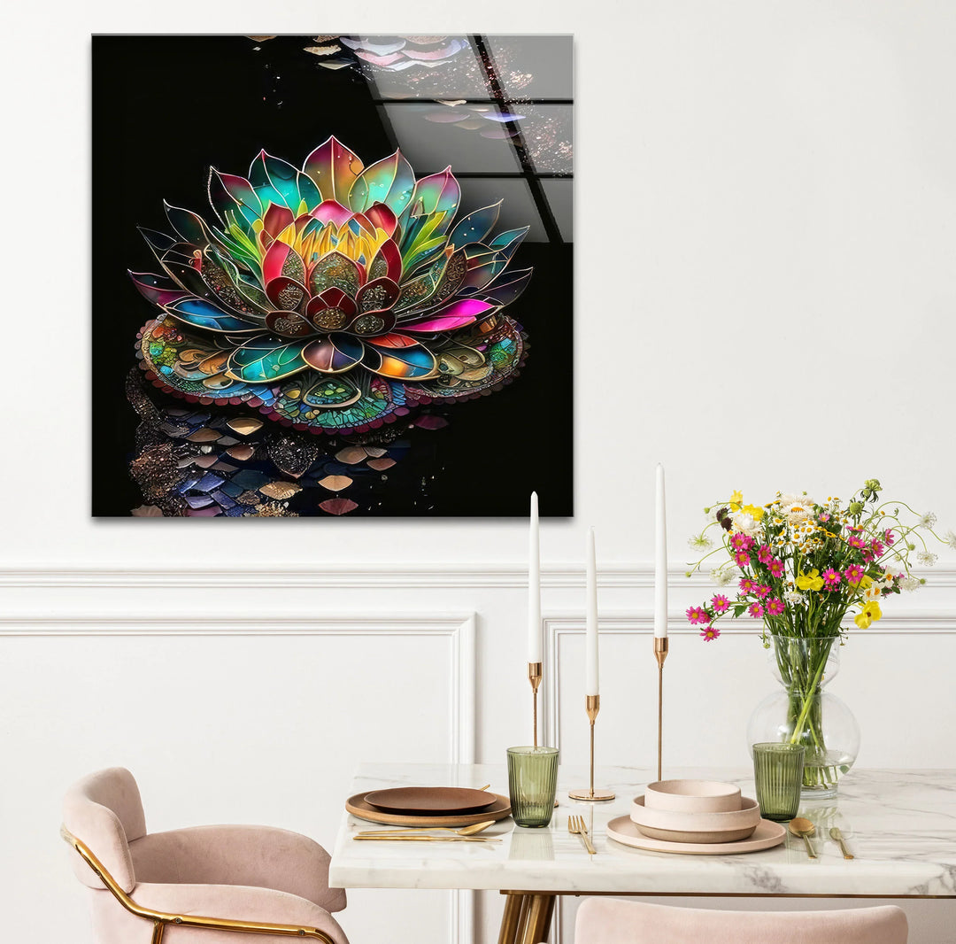 Radiant Lotus Flower Wall Art – Colorful Mandala Glass Print for Spiritual and Zen Decor - MyPhotoStation