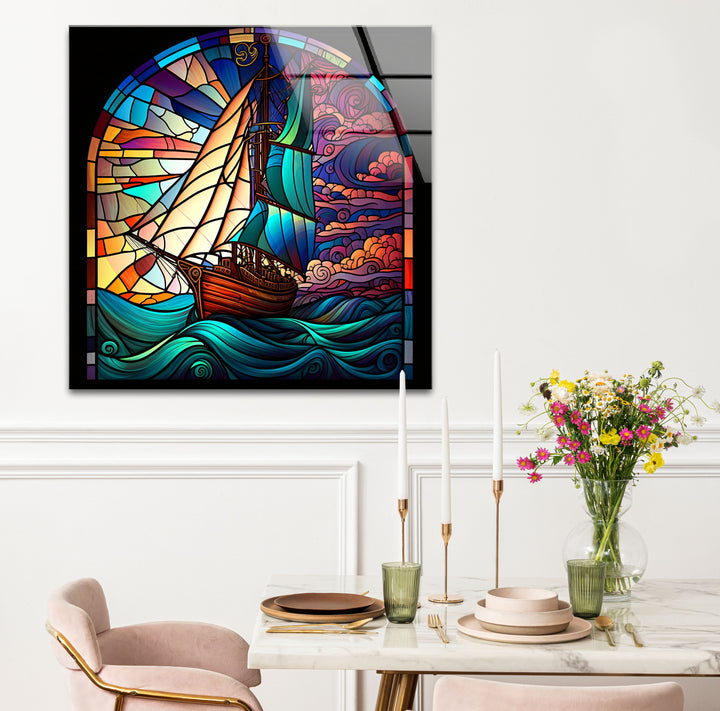 Segelschiff Buntglas Wandkunst – Maritimer Ozeanwellen-Glasdruck