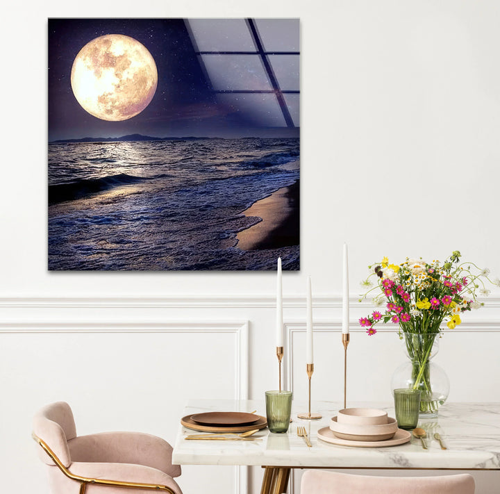Moonlit Ocean Wall Art – Full Moon Over Waves Glass Print, Night Seascape Decor for Bedroom & Living Room - MyPhotoStation