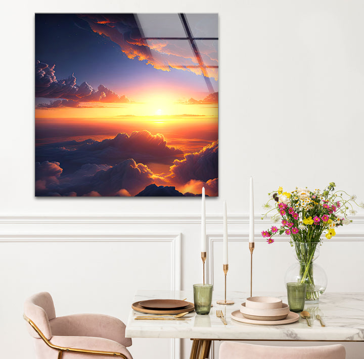Wandkunst „Über den Wolken Sonnenuntergang“ – Glasdruckdesign „Verträumter Himmel leuchtet“