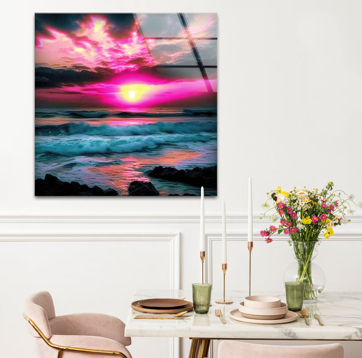 Lebendige Sonnenuntergang Ozean Wandkunst – Rosa Himmel &amp; Wellen Glasdruck-Design