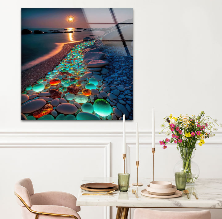 Glowing Pebble Beach Wall Art – Sunset Glass Print with Luminous Stones for Coastal Decor