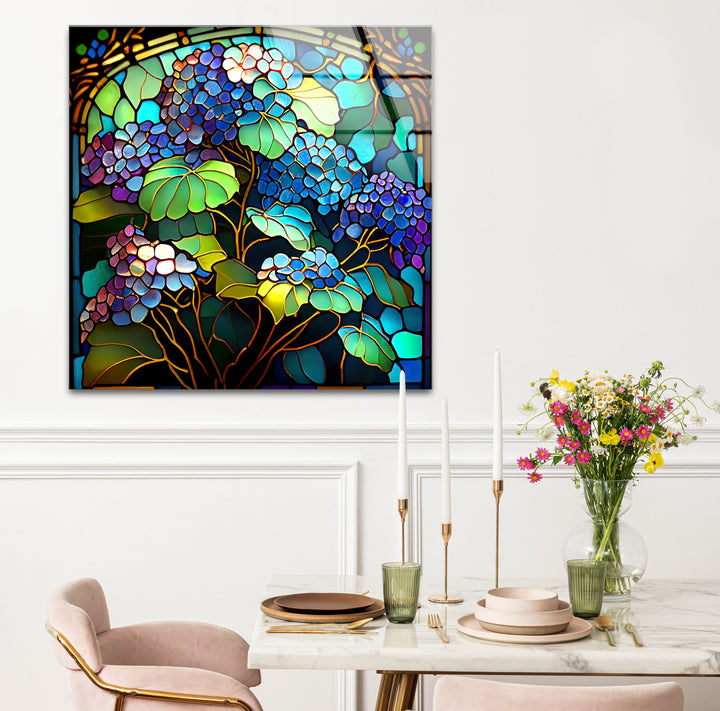 Blaue Hortensie Buntglas-Wandkunst – Vertikaler Blumenglasdruck