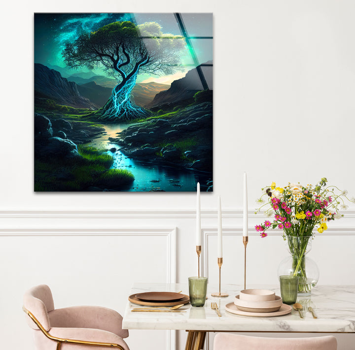 Mystisch leuchtender Baum als Wandkunst – Verzauberter Nachtstrom als Glasdruck