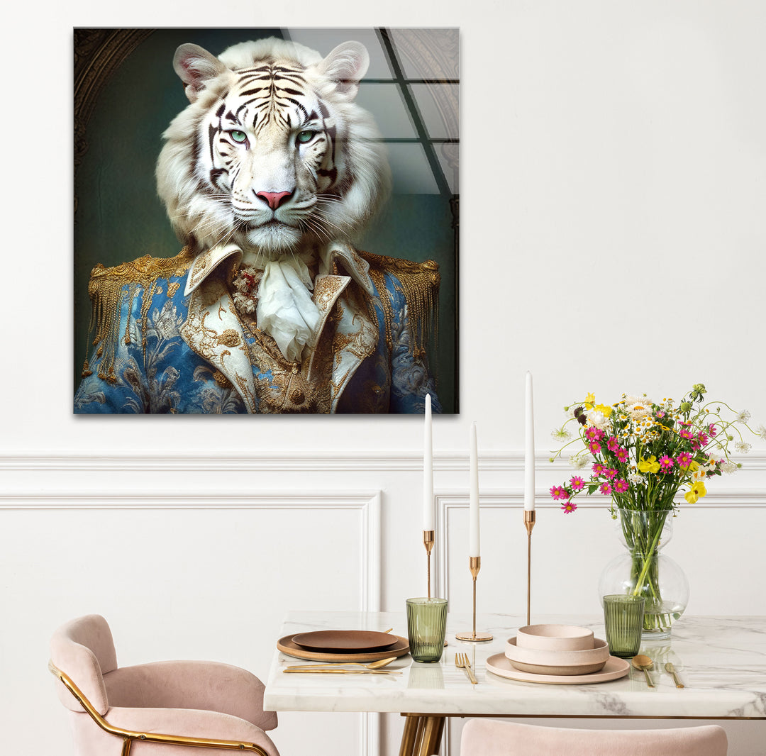 Königliches weißes Tigerporträt als Wandkunst – Kunstwerk im königlichen Tierkostüm