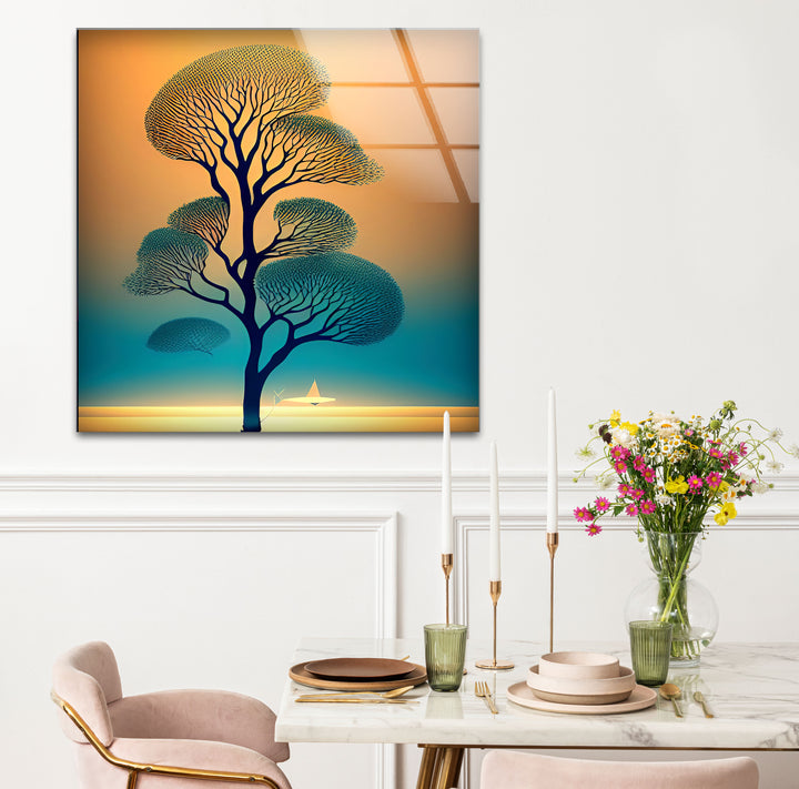 Serene Tree of Life Wall Art – Sailboat Sunset Glass Print Design