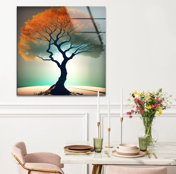 Minimalistische Wandkunst mit Lebensbaum – Orangefarbenes Kronenglas-Druckdesign