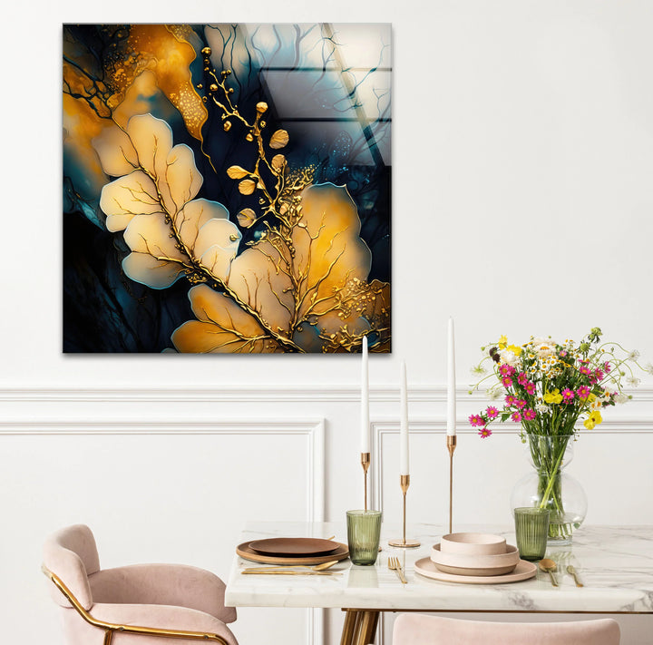 Golden Botanical Abstract Wall Art – Elegant Navy and Gold Glass Print for Luxe Interiors - MyPhotoStation