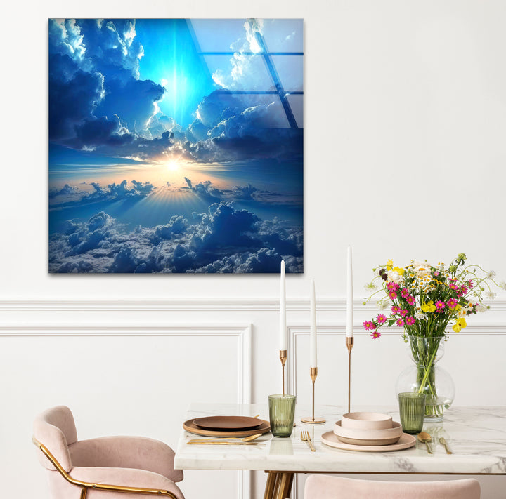 Himmlischer Himmel Wandkunst – Strahlende Wolken und Lichtstrahl Glasdruck