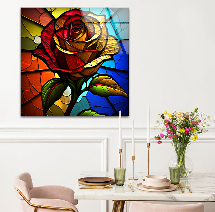Rote Rose Buntglas-Wandkunst – Farbenfrohes florales Glasdruck-Design