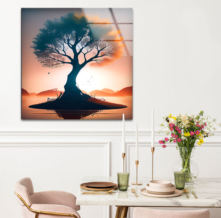 Sonnenuntergang Baum des Lebens Wandkunst – Silhouette Insel Glasdruck Dekor