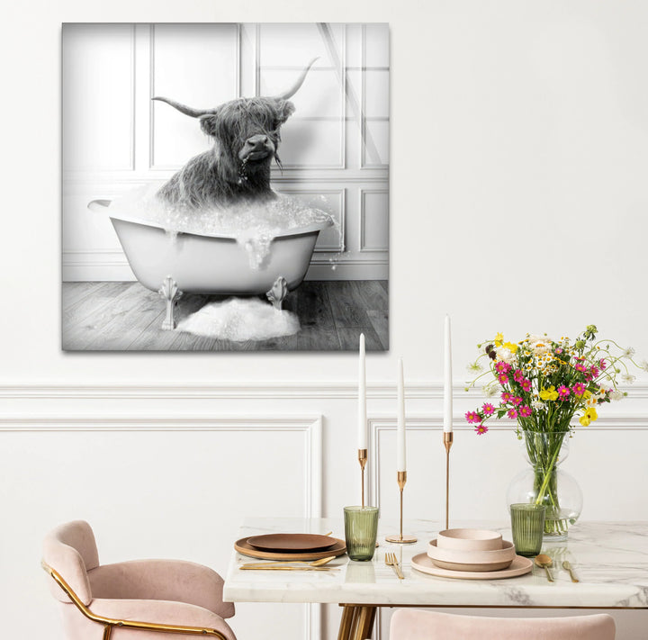 Highland Cow Bubble Bath Wall Art – Funny Black and White Glass Print for Bathroom Decor - MyPhotoStation