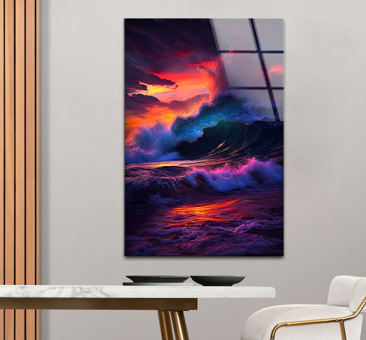 Wandkunst mit krachenden Wellen bei Sonnenuntergang – Dramatisches Ozean-Glasdruck-Design