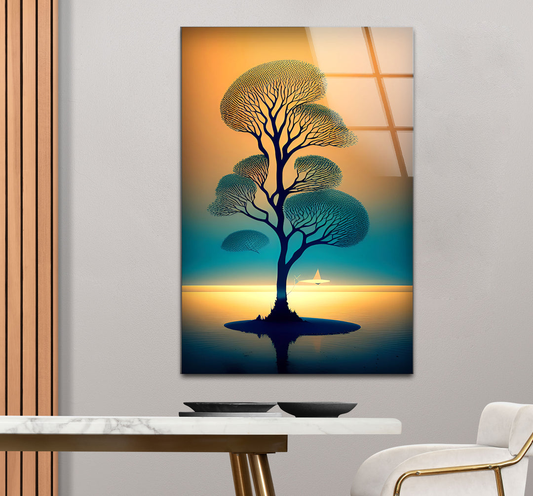 Serene Tree of Life Wall Art – Sailboat Sunset Glass Print Design
