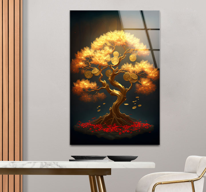 Goldener Geldbaum als Wanddekoration – Symbol für Wohlstand und Reichtum aus Glas