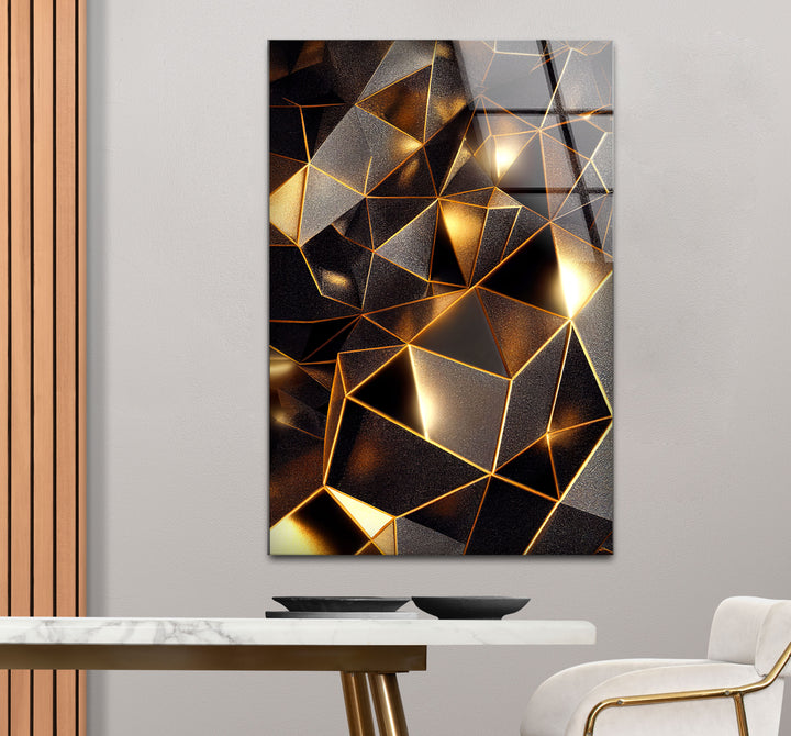 Geometrische Goldprisma-Wandkunst – Luxuriöser abstrakter 3D-Glasdruck