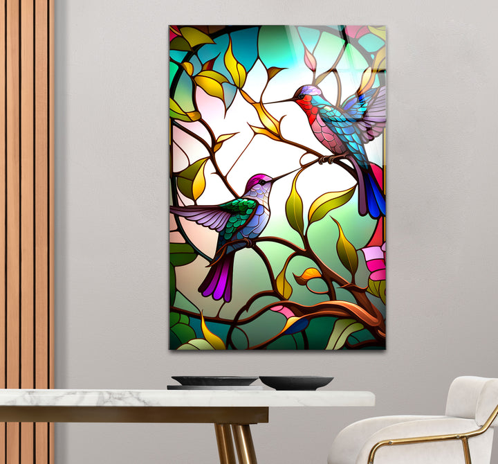 Hummingbirds Stained Glass Wall Art – Colorful Bird & Branch Glass Print