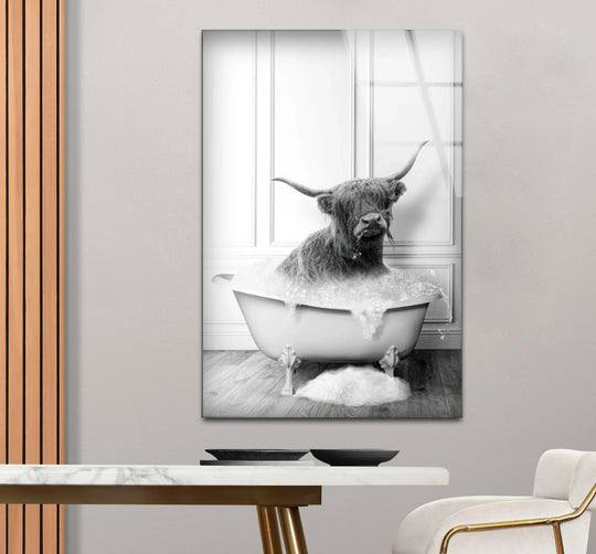 Highland Cow Bubble Bath Wall Art – Funny Black and White Glass Print for Bathroom Decor - MyPhotoStation