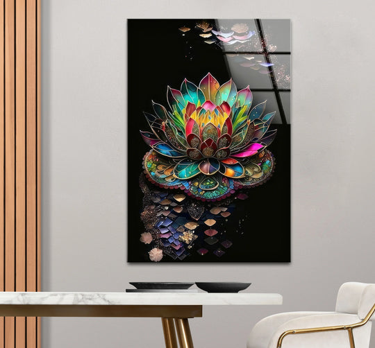 Radiant Lotus Flower Wall Art – Colorful Mandala Glass Print for Spiritual and Zen Decor - MyPhotoStation