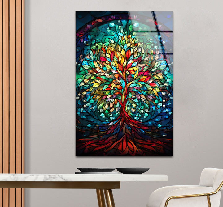 Baum des Lebens Buntglas-Wandkunst – Farbenfrohes vertikales Glasdruckdesign